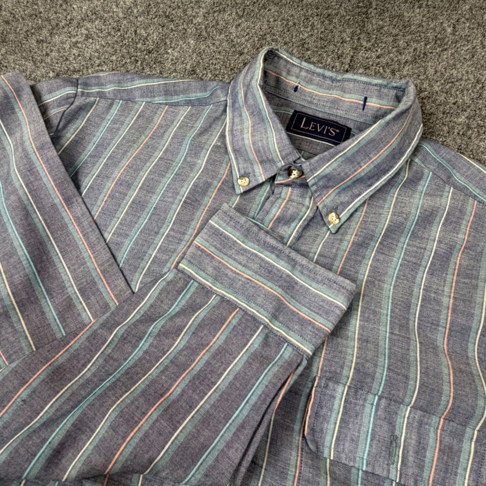 VTG Levis Mens Size Large Long Sleeve Button Down Shirt‎ Striped Blue Teal Peach